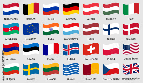 Collection of world country flags in waving style. Set of world national flags with country names. Waving national flags collection for international and global concepts. Vector illustration.
