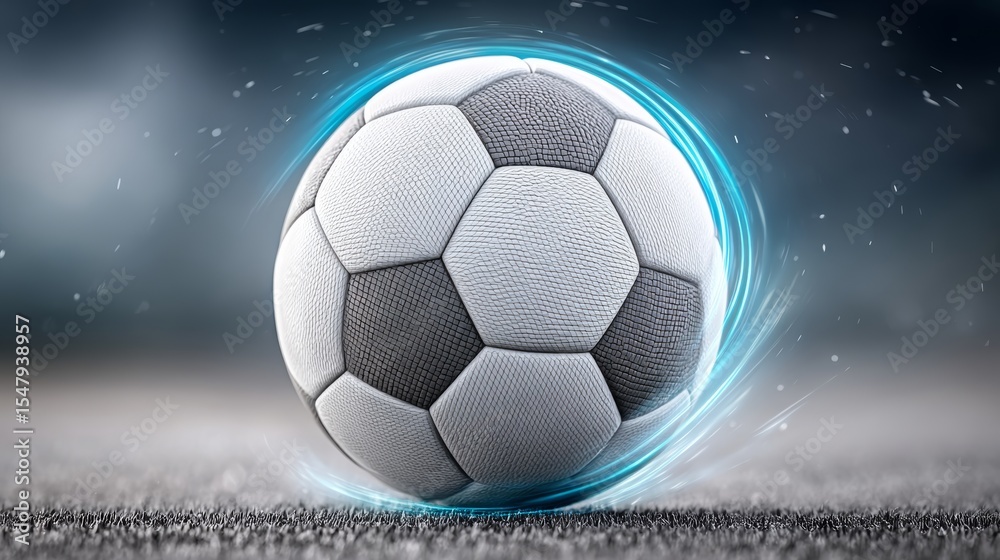 Fototapeta premium Dynamic soccer ball in motion on grass field with blue energy swirl