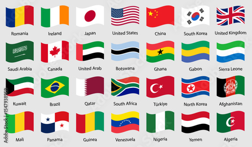International country flags icon set. Flat vector icon set featuring 28 waving national flags including USA, UK, China, India, Brazil, and more. Collection of world country flags in waving style.