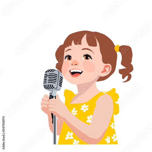 Vector illustration of a happy little girl singing into a retro microphone, wearing a yellow dress with flowers.