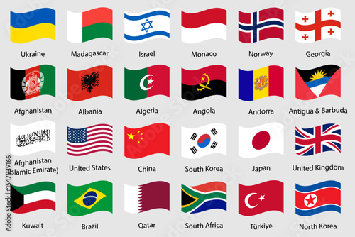 World country flags collection. Waving Flag icons. Vector set of 24 waving national flags including USA, UK, China, Japan, Brazil, Israel, South Korea and more. Global countries flag vector icons set.