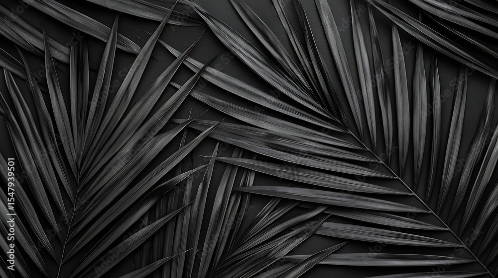 Obraz premium Close-up of overlapping dark palm leaves creating a textured, monochrome pattern with sharp lines and shadows.