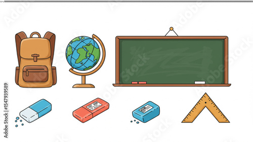 Backpack, Globe, Blackboard, Erasers, and Set Square School Supplies Illustration