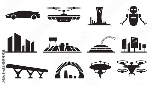 Black And White Line Art Icons Set Futuristic City Vehicles Drones Robot Architecture Bridge Stadium