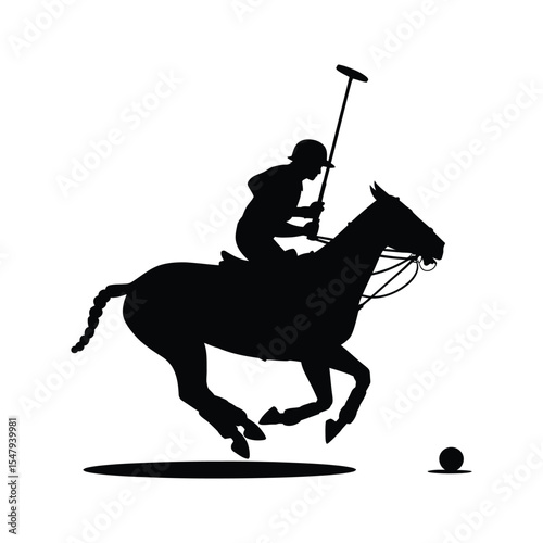 Black Silhouette of Polo Player on Horseback Striking Ball