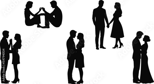 Romantic couple silhouettes, love vector art, emotional gestures, hand holding, sitting couple, elegant romance, black silhouette design, affection scene, passionate love, intimate connection, dating