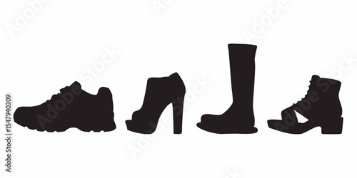 Silhouette of various footwear styles including running shoes heels boots and sandals footwear fashion