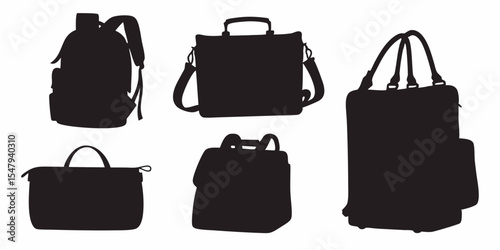Various types of bags and luggage silhouettes for travel and everyday use vector graphic illustration