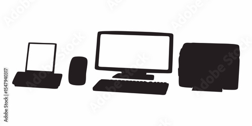Illustration of computer setup with desktop laptop and mouse for office and home use vector graphic silhouette