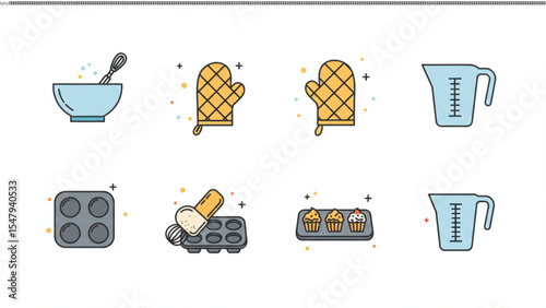 Baking Icons  Cupcake, Muffin, Mixing Bowl, Measuring Jug Illustrations