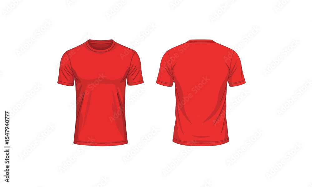 Red t shirt front and back view isolated on white background in flat vector style