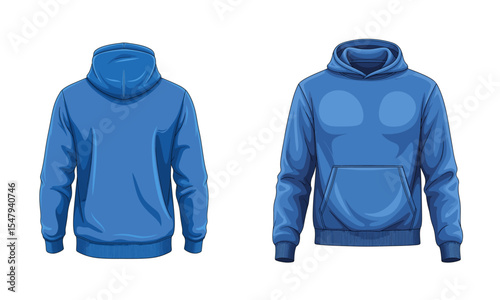 Blue hoodie vector mockup set. Blank sweatshirt with a hood, front and back view. Isolated casual clothing or sport apparel template for fashion design and branding presentation.
