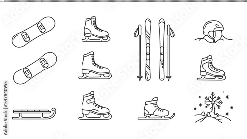 Winter Sports Icons Snowboarding, Skiing, Ice Skating, Sledding Illustrations