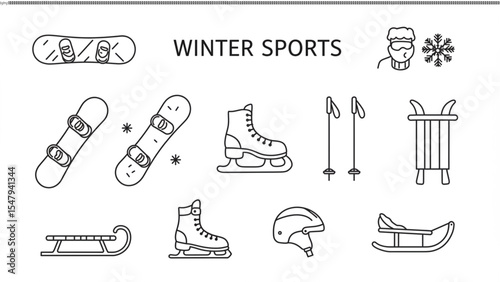 Winter Sports Icon Set Snowboarding, Skiing, Ice Skating, Sledding Illustrations