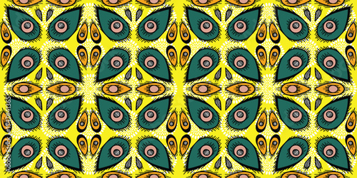 African ethnic traditional yellow, green pattern. seamless beautiful Kitenge, chitenge, dutch wax style. fashion design in colorful. botanical abstract motif. floral Ankara prints, African wax prints.