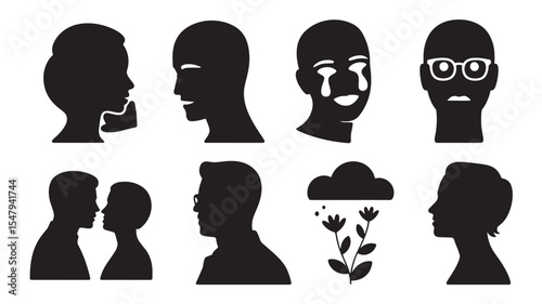 Black And White Line Art Illustrations Of Heads Showing Emotions Communication And Relationships vector