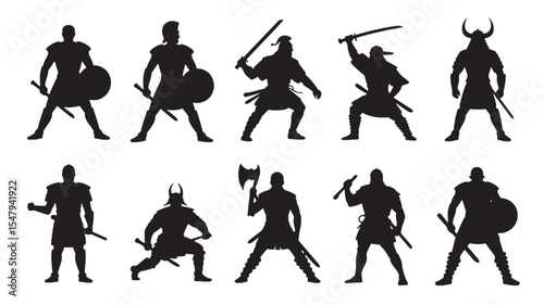 Black And White Line Art Silhouettes Of Warriors With Swords Shields And Axes In Fighting Poses vector