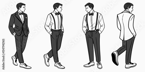 Men's fashion illustration featuring suits suspenders and bowties in a stylish monochrome drawing style