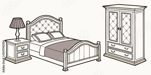 Elegant bedroom furniture set drawing with bed wardrobe and nightstand line art illustration design