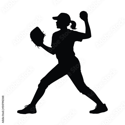 Silhouette of a female softball player throwing a ball