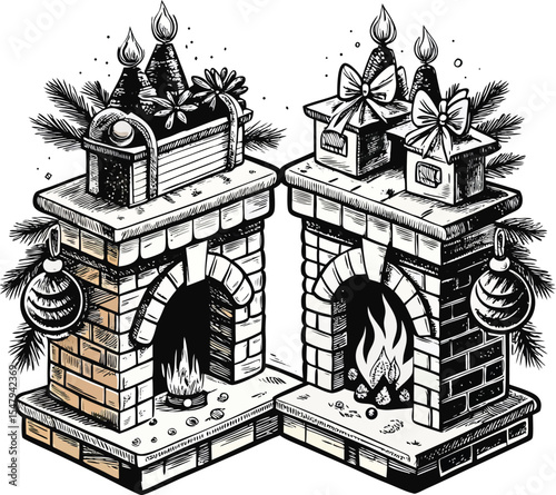 Two Christmas Fireplaces Front View and Isometric Illustration