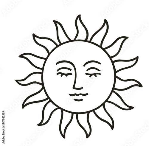 Retro sun illustration with face and wavy rays in black line art  