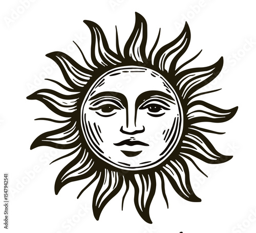 Vintage sun illustration with detailed rays and expressive face, 