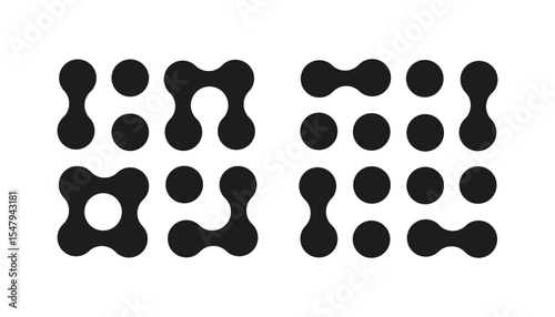 Metaball dot icons. Abstract integration symbol. Connected circle shape sign. Trendy pattern. Point movement. Morphing blobs. Metaballs transition. Logo sample, sticker template. Web design element.