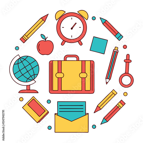 Back to school supplies circle illustration isolated on white background