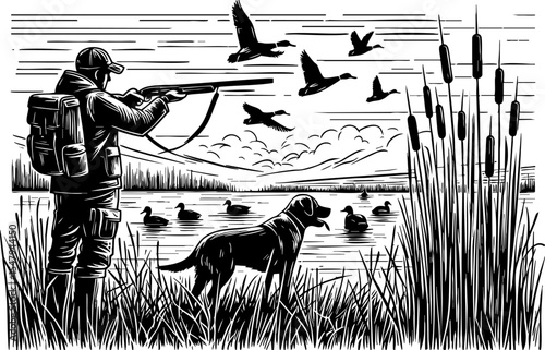 Dynamic black and white illustration captures a hunter aiming his rifle from a lakeside position, with ducks in flight and others on the water, highlighting the precision of the hunt. Duck Hunting: A 