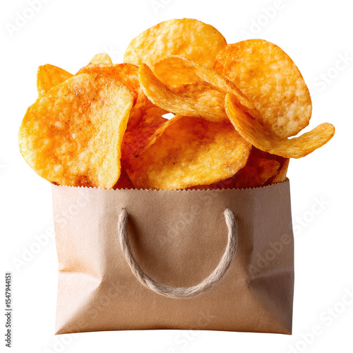 Crispy chips fill stylish bag mockup perfect for showcasing snacks in modern setting
