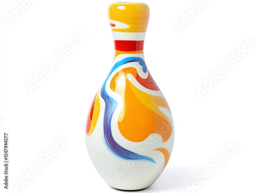 A bowling pin with custom artwork, isolated on a clean white background, with no shadow.