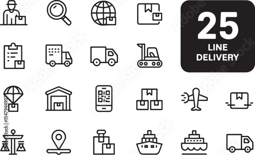 A collection of twenty five line icons related to delivery services