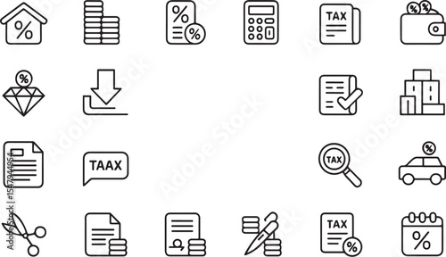 A collection of twenty tax related line icons on white background