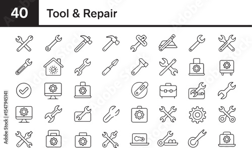 Collection of tools and repair icons in outline style set of forty