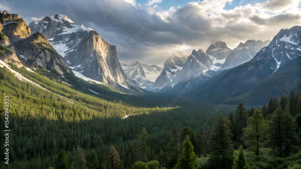 Fototapeta premium Sunlit Alpine Valley Beneath Skies.