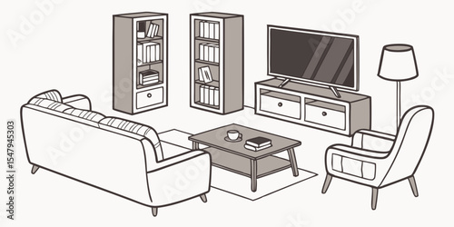 Illustration of living room interior design with sofa tv bookshelf and armchair home decor ideas and design
