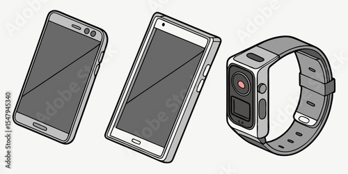 Modern technology gadgets: smartphone, mobile phone and smartwatch vector illustration for digital age