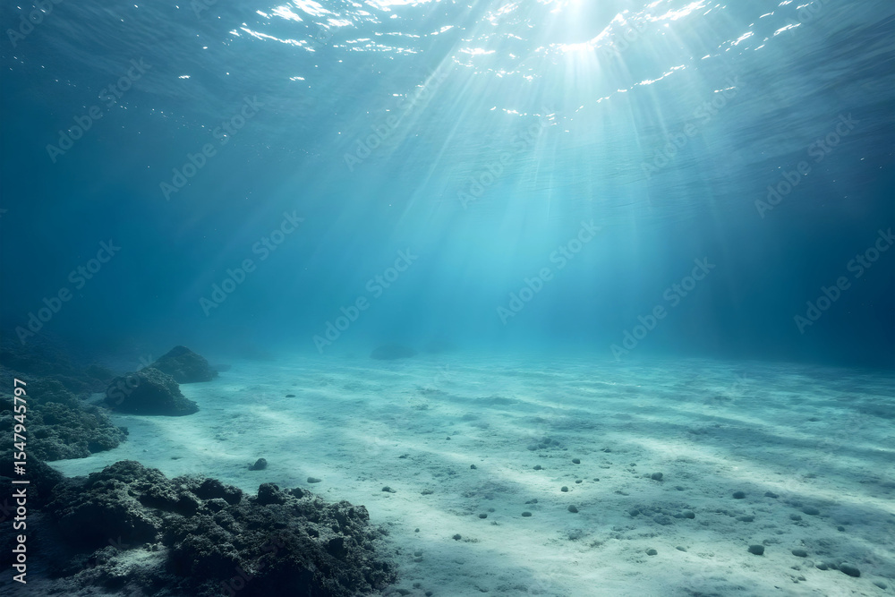 Obraz premium Underwater scene with sunlight rays illuminating the ocean depths.