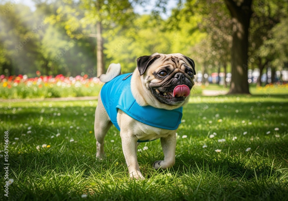 Fototapeta premium A cheerful pug in a cooling vest enjoys a sunny summer day in a park. pet comfort, responsible pet care during hot weather, and active urban dog life, highlighting current heatwave concerns.