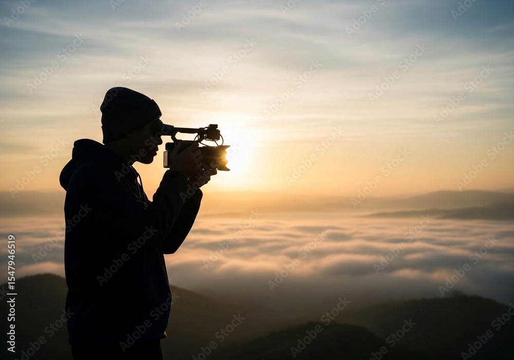A videographer captures a sunrise over a sea of clouds, symbolizing creativity, professional filmmaking, and storytelling. Ideal for media production, content creation, and adventure travel themes. A videographer captures a sunrise over a sea of clouds, symbolizing creativity, professional filmmaking, and storytelling. Ideal for media production, content creation, and adventure travel themes.