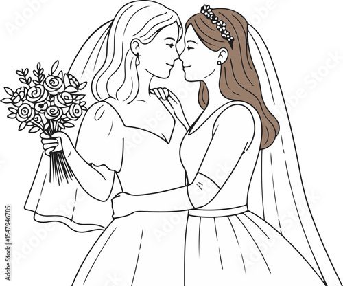  Lesbian couple kissing two brides same-sex wedding romantic illustration