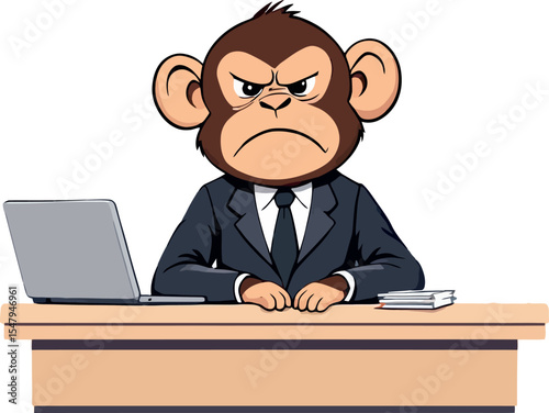 Vsai angry chimpanzee boss sitting at desk with laptop and documents