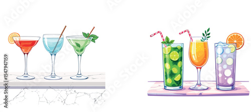 Vsai colorful cocktails resting on bar tops, refreshing summer drinks