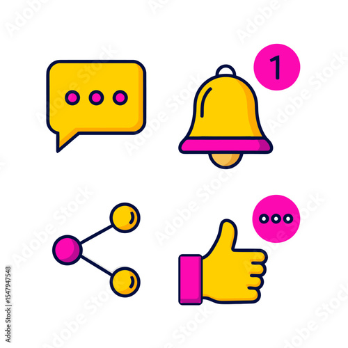 Vibrant Social Media Icons Set: Share, Like, Message, Notification Bell