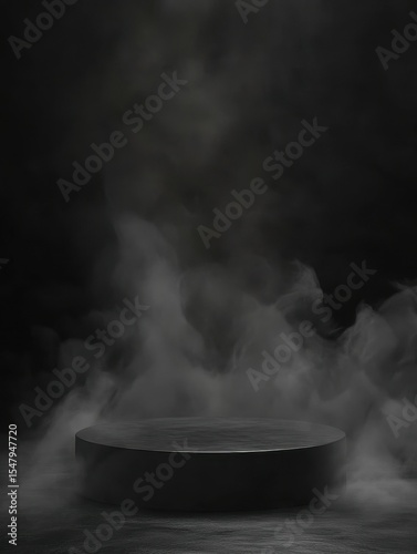 detailed color image of Podium black dark smoke background product platform, high detail, 8k