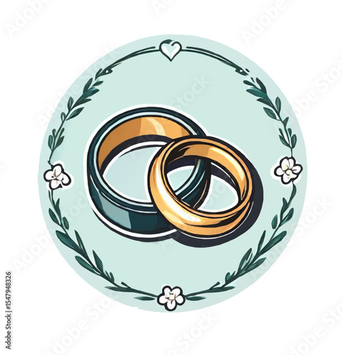 set of wedding rings in floral wreath illustration