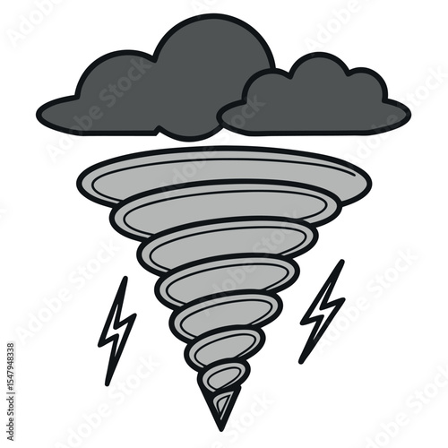 Cartoon tornado with clouds and lightning isolated on white background