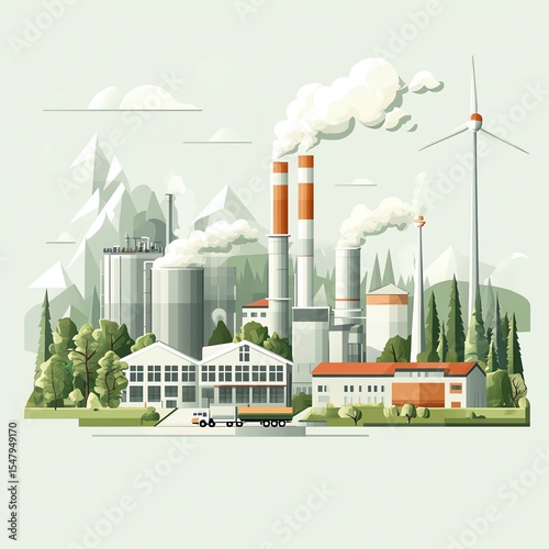 Industrial landscape with factories and wind turbines amidst mountains.