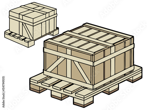 Illustration of wooden pallets with stacked crates isolated on transparent background for packaging concept
